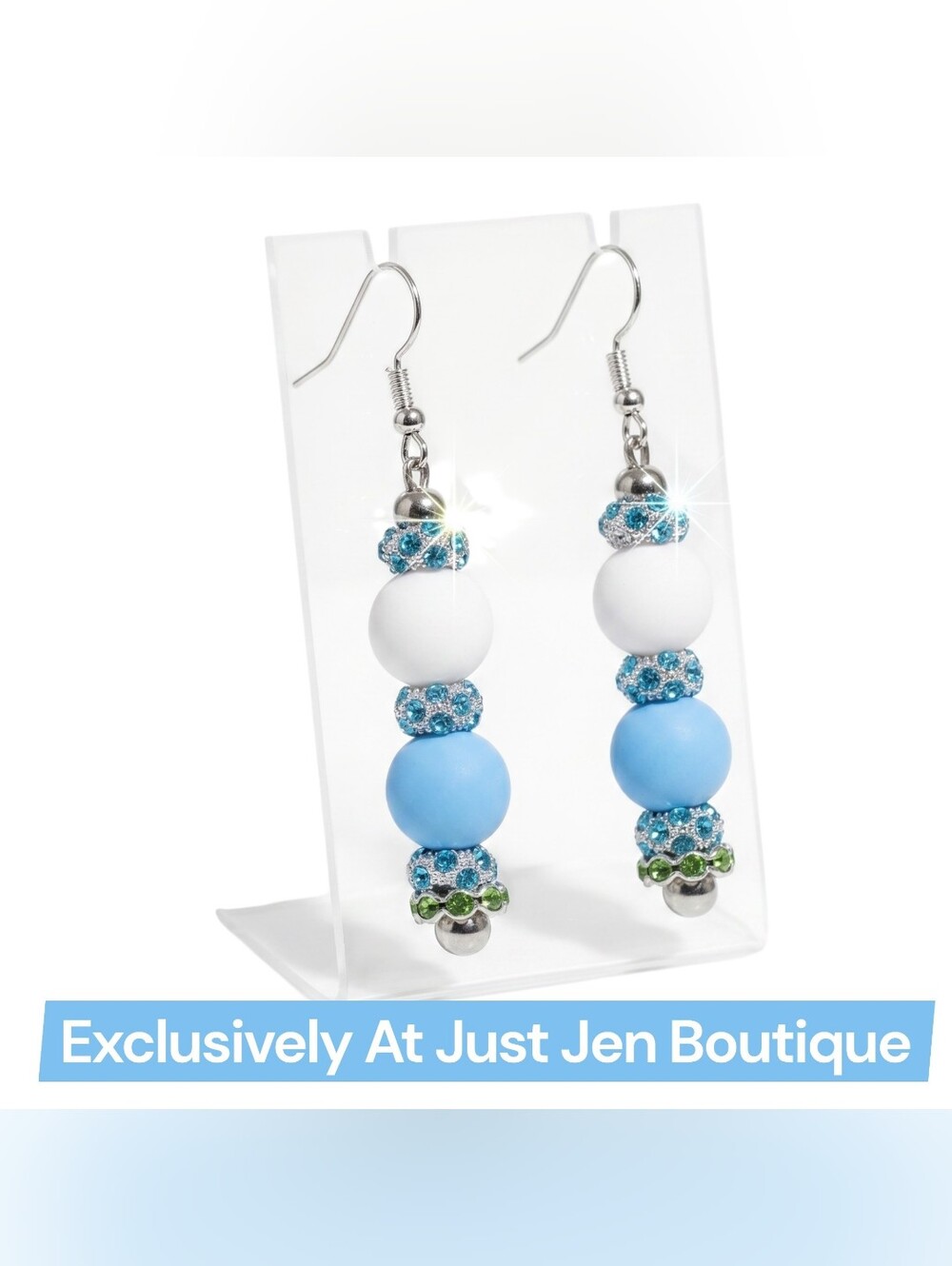 Blue & White Rhinestone Beaded Drop Earrings - 925 Sterling Silver Hook Earrings